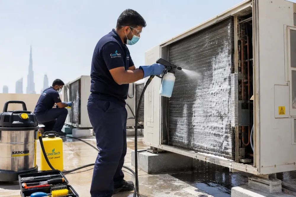 Technician cleaning an air conditioning evaporator coil with foam cleaner in Dubai