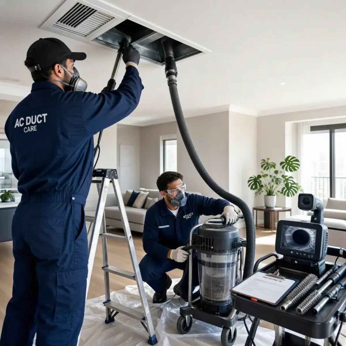 Technician cleaning open air conditioning ducts with a brush and vacuum in a Dubai villa