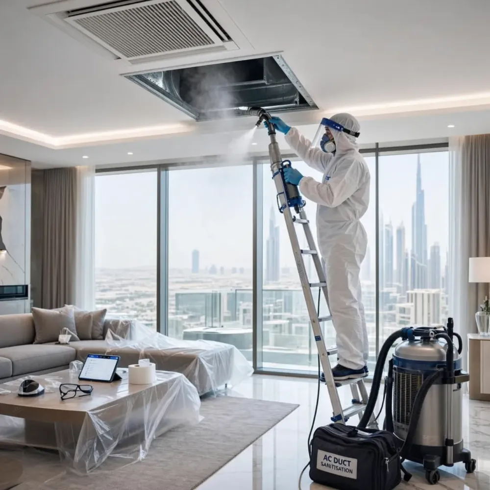 Technician fogging and sanitising air conditioning ducts in a Dubai home