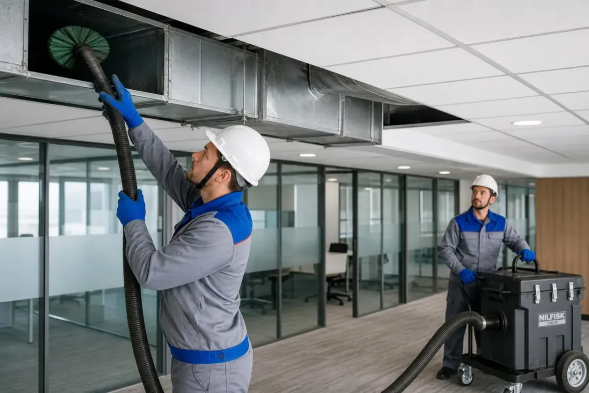 Technicians cleaning large commercial HVAC ducts in a Dubai office building