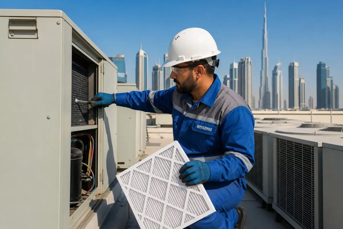 Technician replacing a clean air conditioning filter in a ceiling unit in Dubai