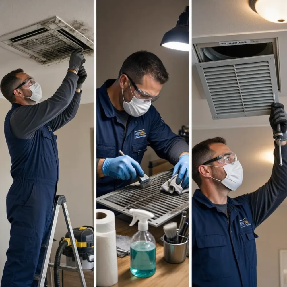 Sama Alras technician cleaning a ceiling AC unit and duct in a Dubai home