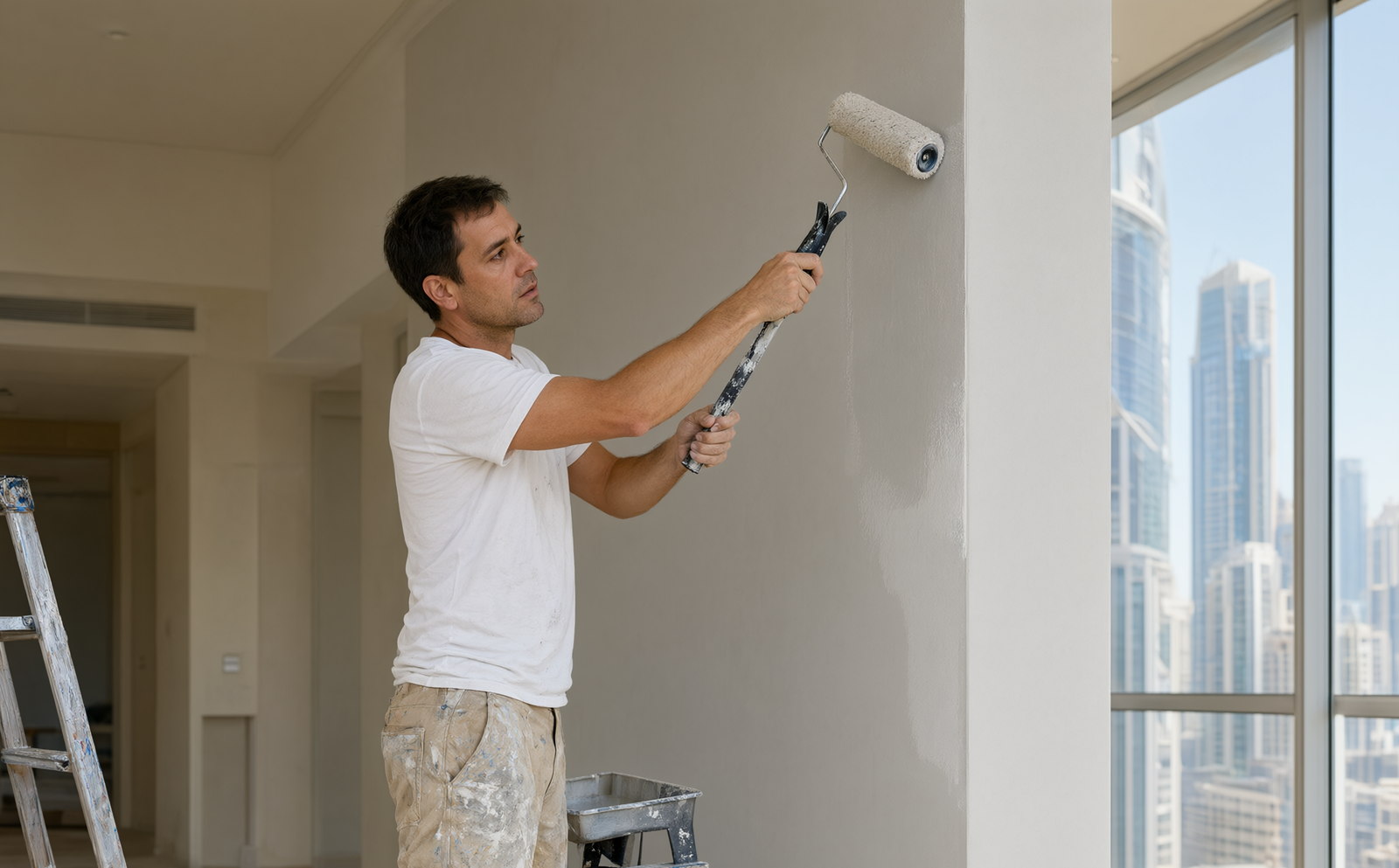 Painter repainting an apartment wall in Dubai with the city skyline in the window