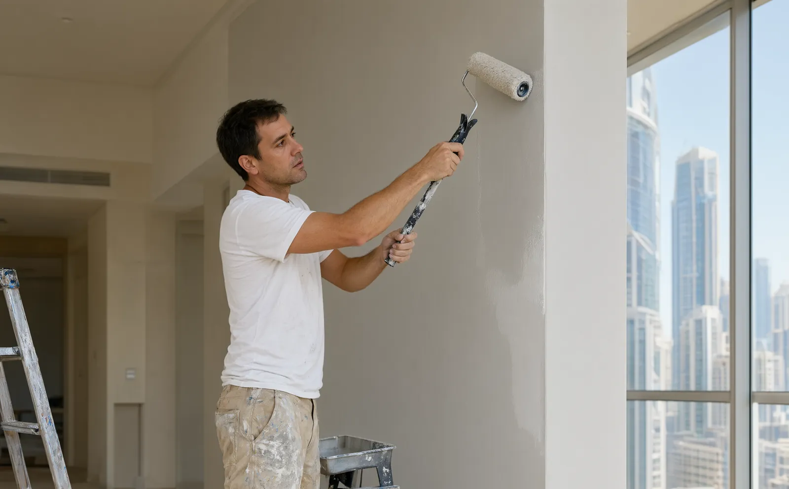 Painter repainting an apartment wall in Dubai with the city skyline in the window
