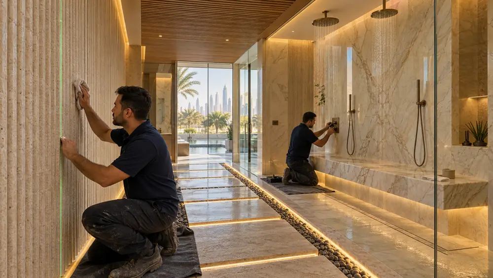 Master bathroom renovation in a luxury Dubai villa with double vanity and freestanding tub