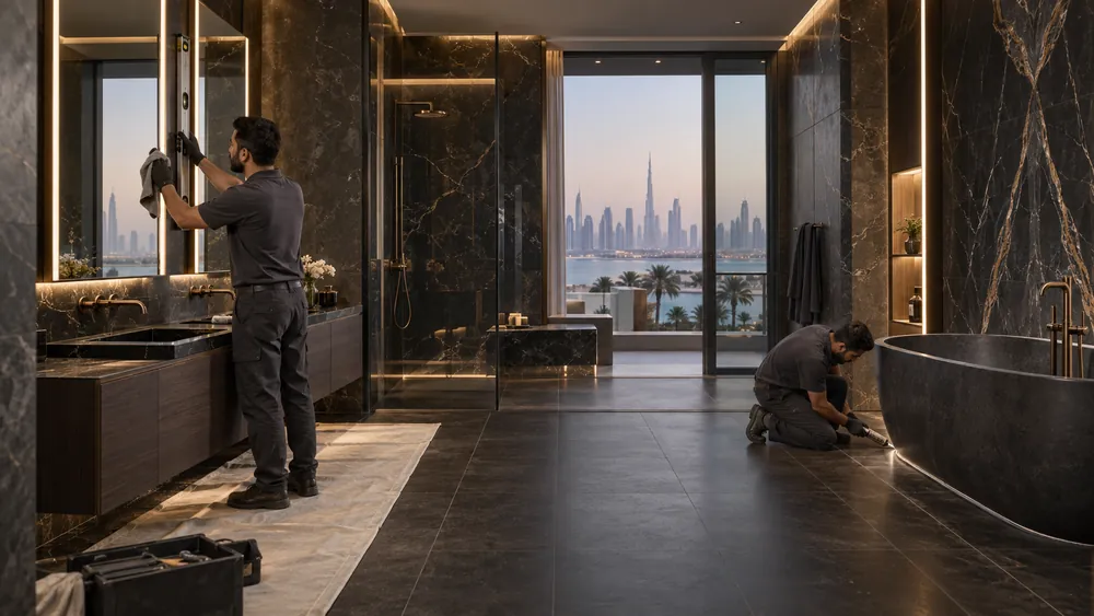 Modern freestanding soaking bathtub with floor-mounted mixer tap in a Dubai penthouse