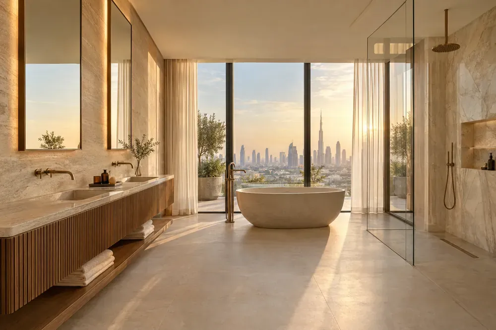 Plumber installing wall-hung toilet with Geberit concealed cistern in a modern Dubai bathroom
