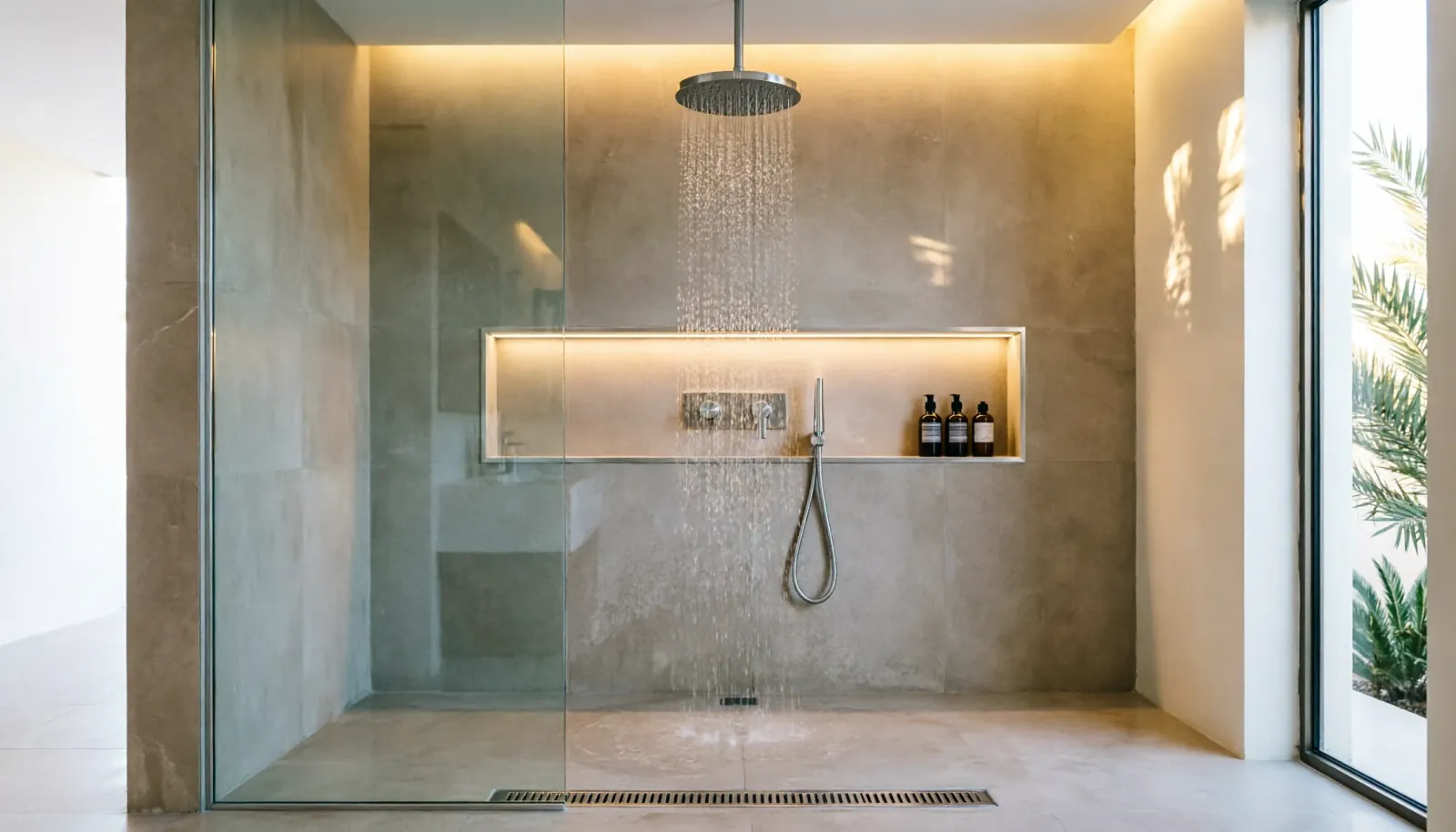 Walk-in rain shower with 10mm frameless glass enclosure and linear floor drain in Dubai