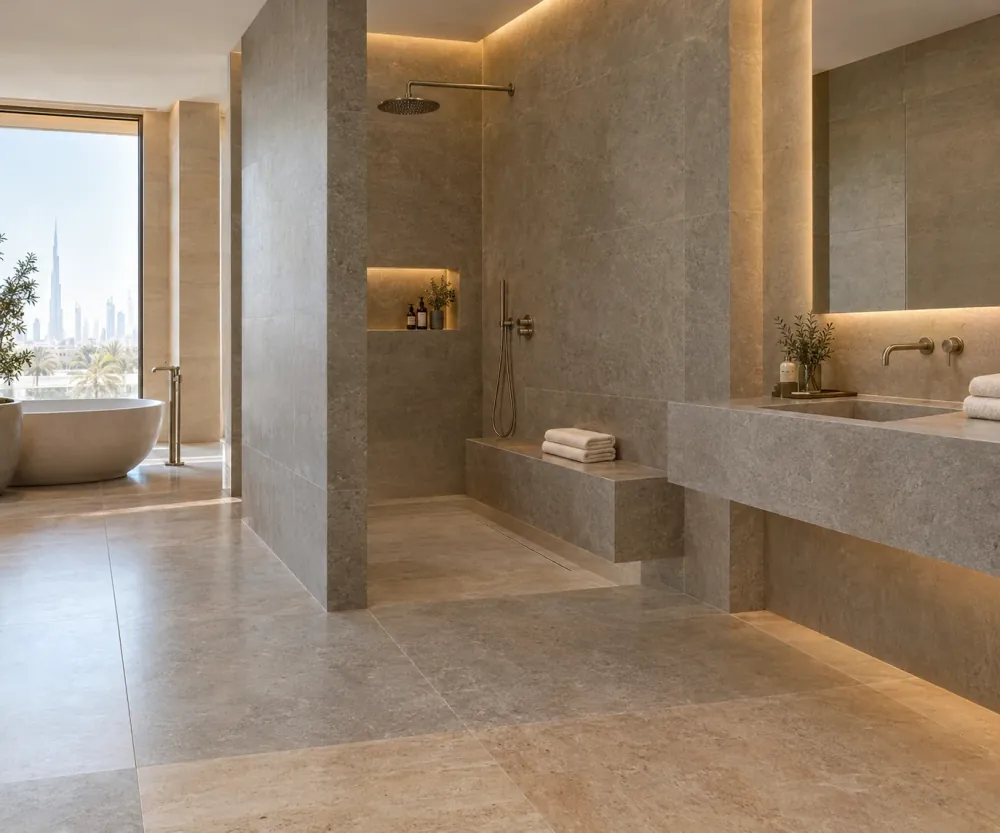 Master tiler laying large format marble-look porcelain tiles with waterproof tanking in Dubai