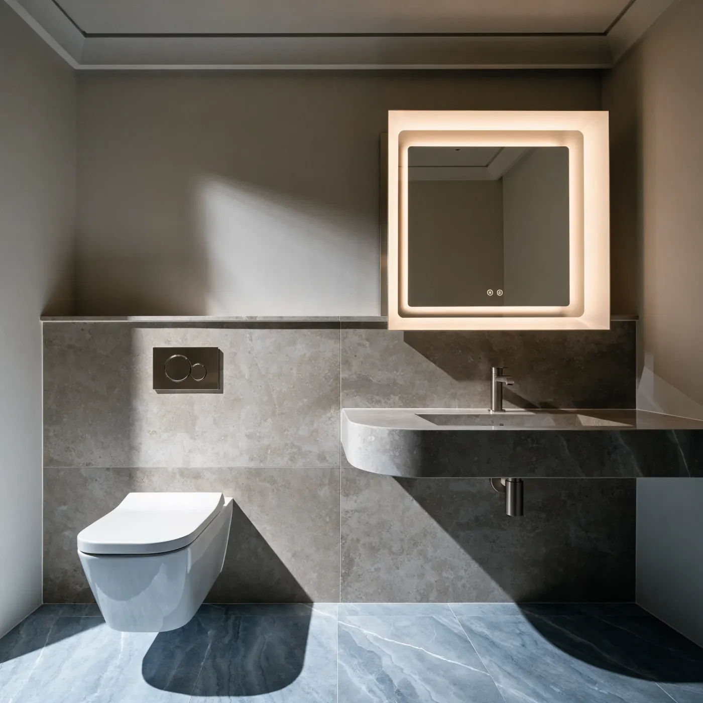 Custom wall-hung bathroom vanity with quartz countertop and round backlit LED mirror in Dubai