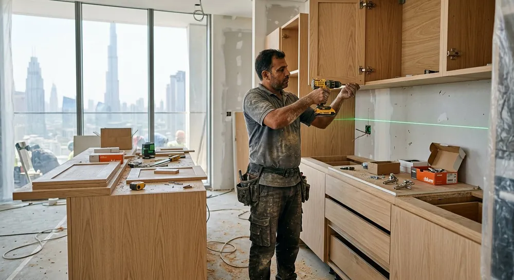 Custom kitchen cabinets being installed by a carpenter in a Dubai apartment