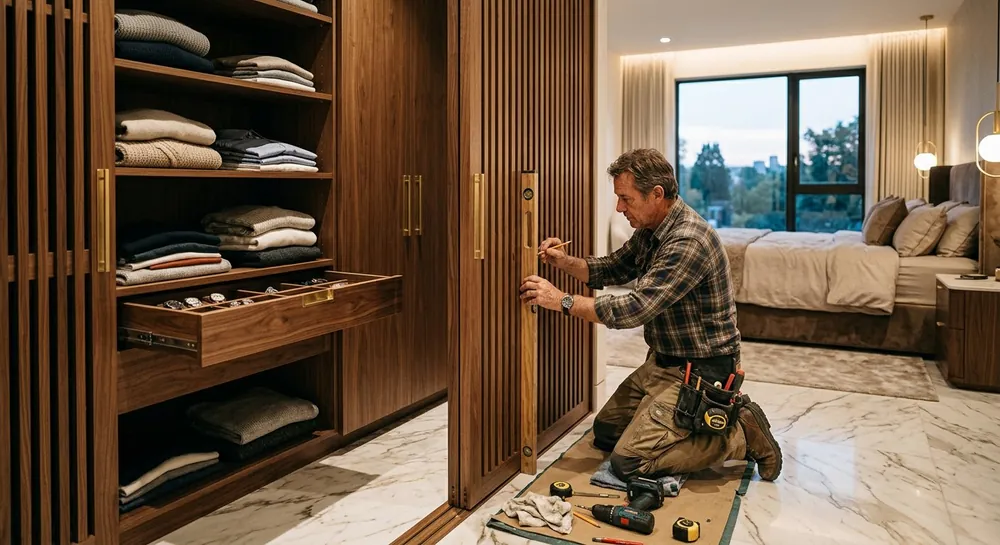 Built-in wardrobe with sliding doors fitted by a carpenter in a Dubai bedroom