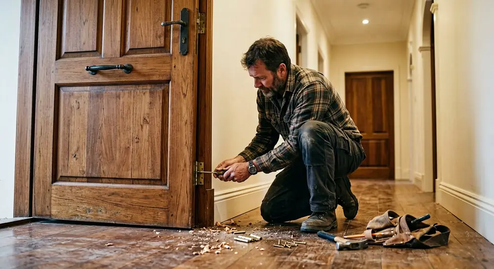 Carpenter installing an interior wooden door in a Dubai villa