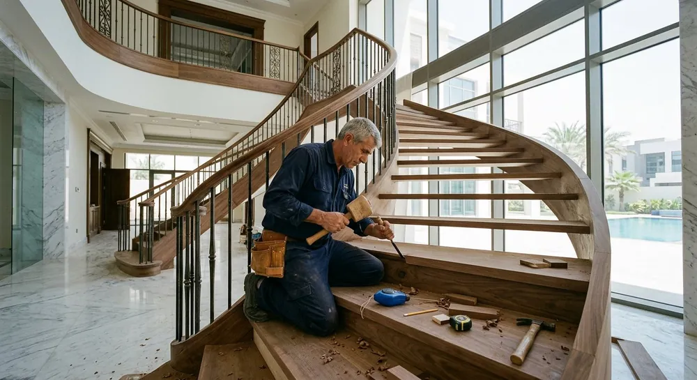 Carpenter crafting custom wall panelling and skirting in a Dubai villa