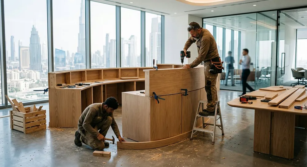 Custom office partition and reception desk built by a carpenter in a Dubai office