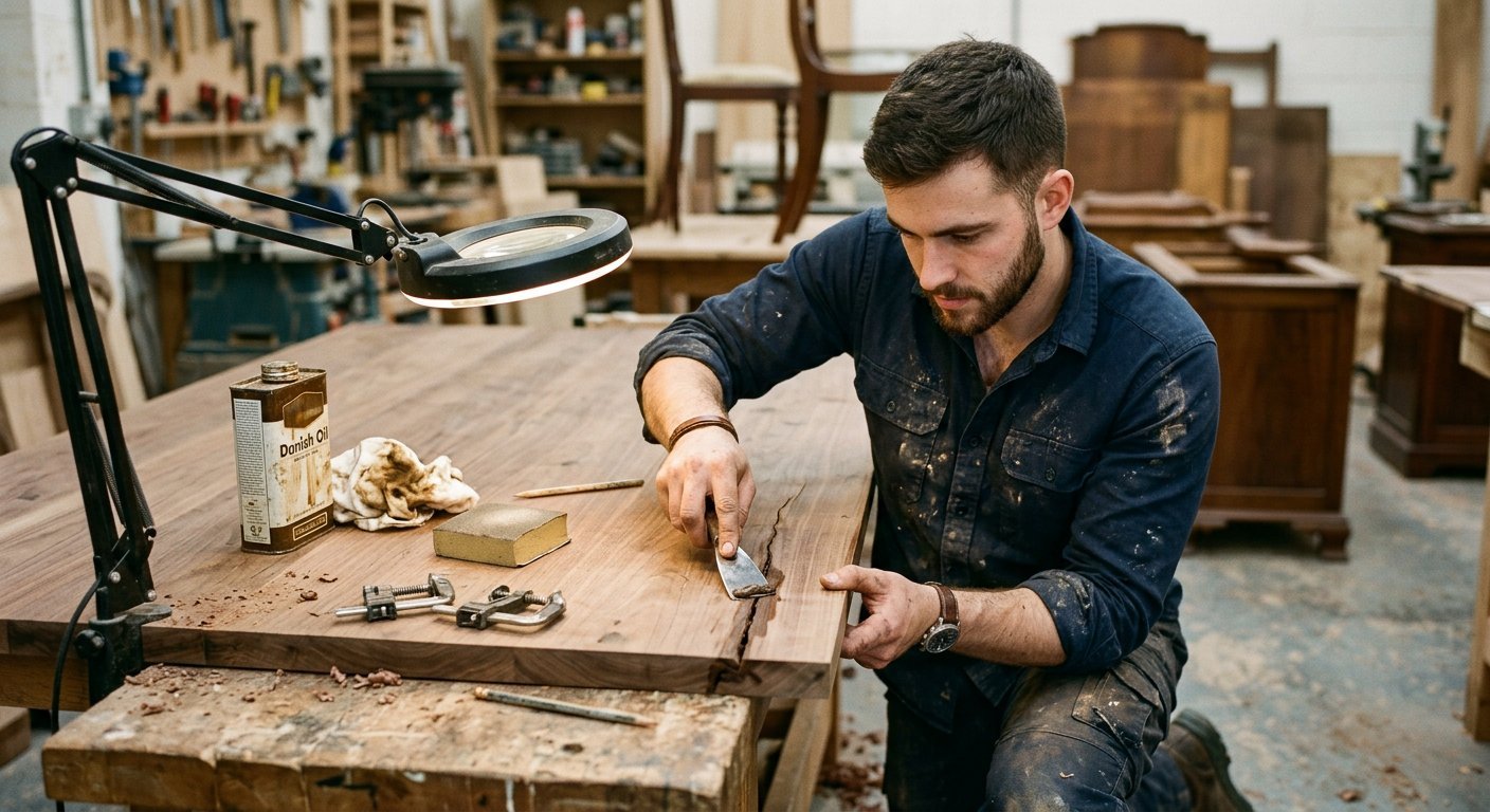Carpenter repairing and refinishing a wooden dining table in Dubai