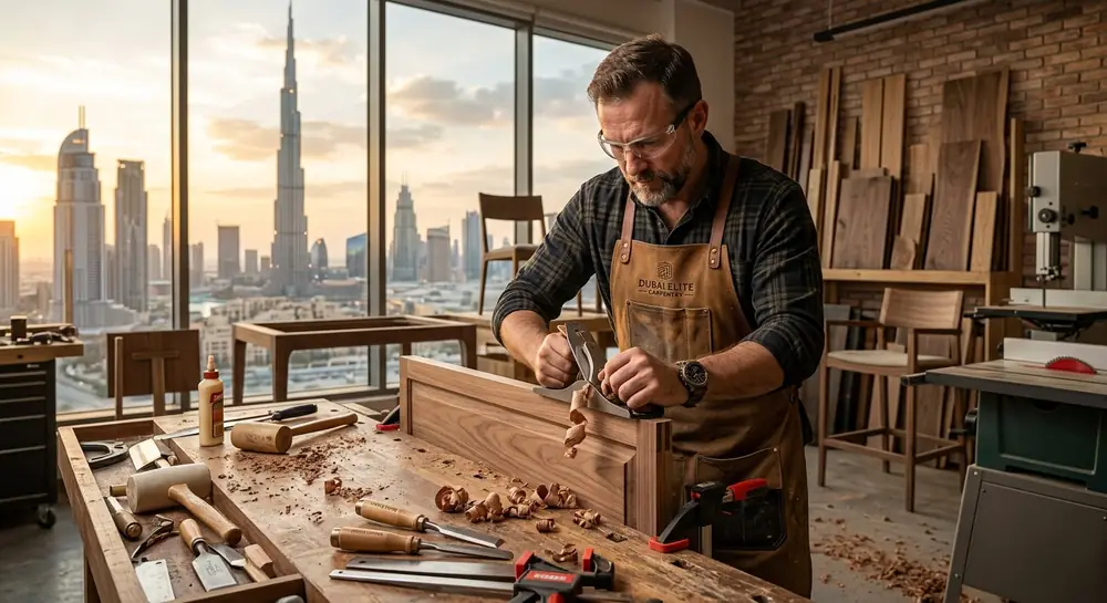 Professional carpenter in Dubai installing custom kitchen cabinetry