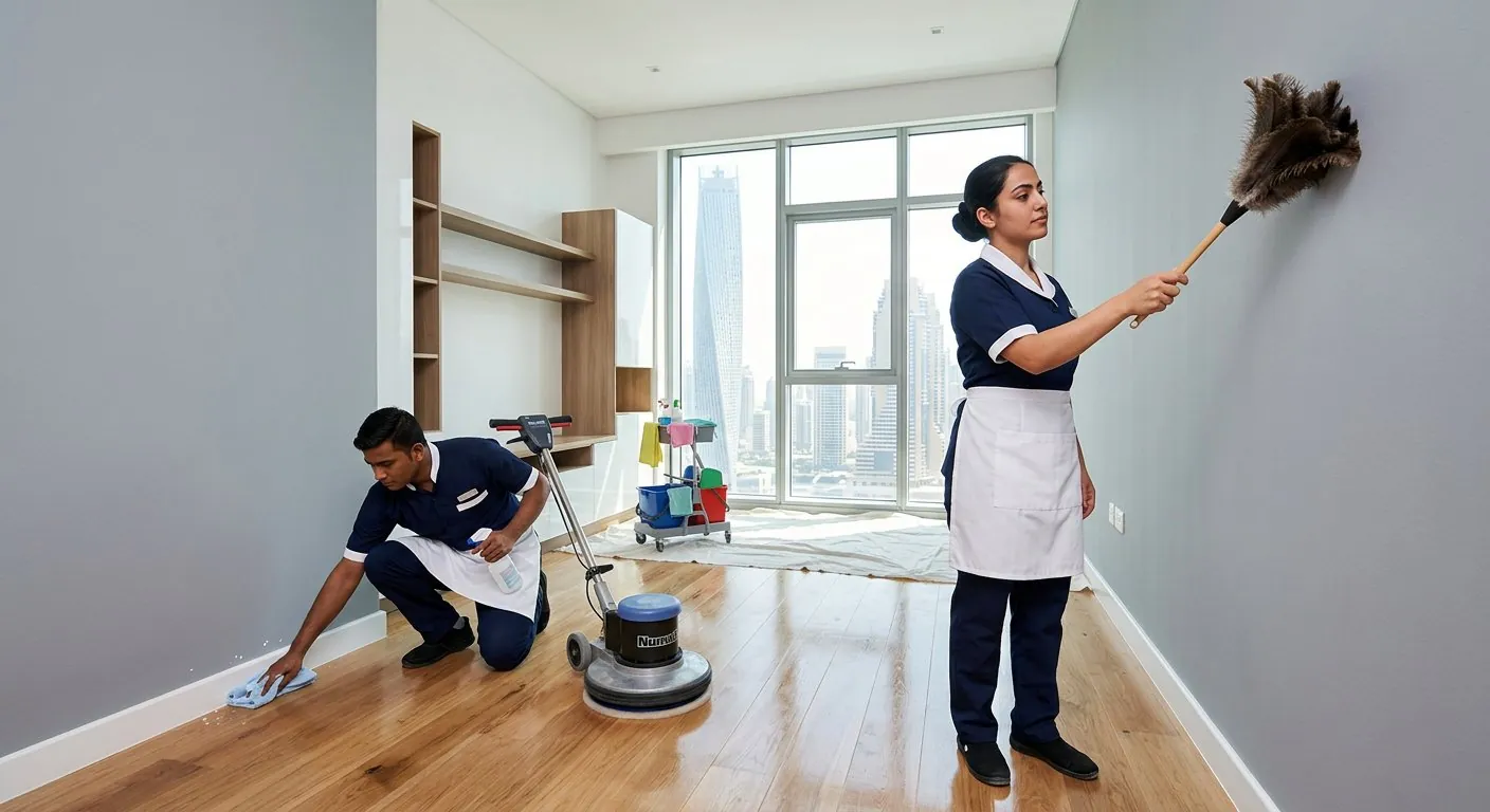 After-painting cleaning of a Dubai villa interior with dust removed and surfaces polished