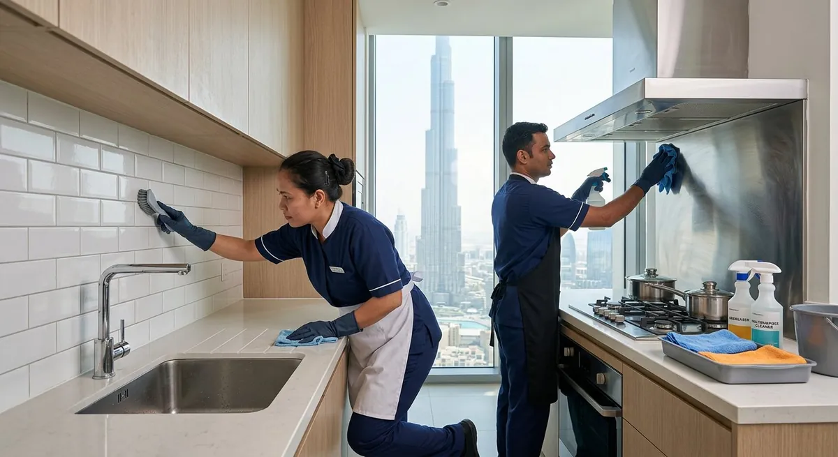 Deep cleaned Dubai kitchen and living area after a professional deep cleaning service