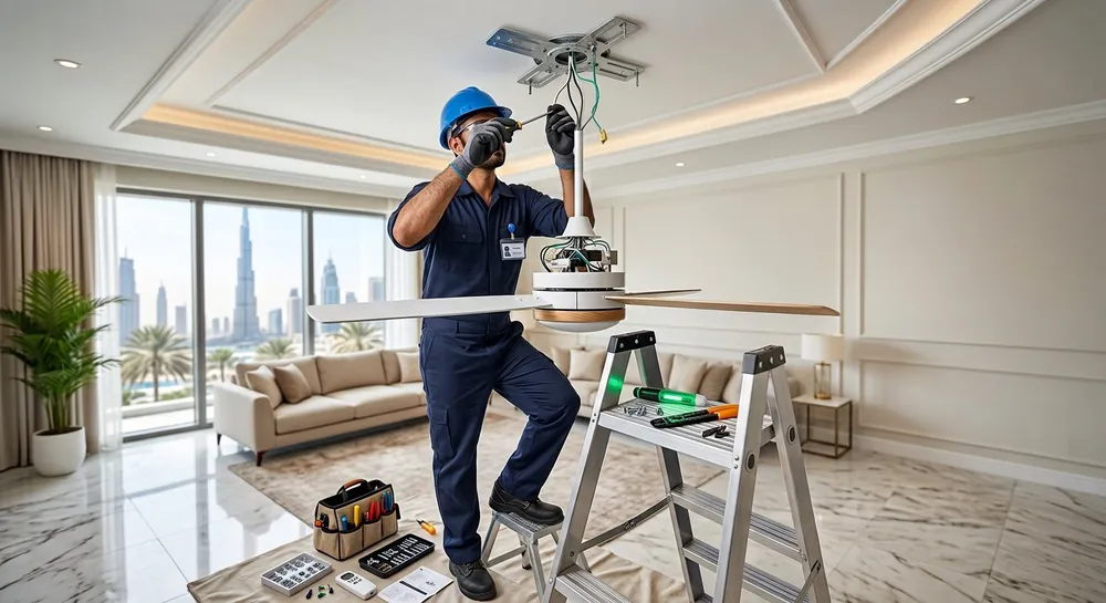 Electrician installing a ceiling fan in a Dubai bedroom