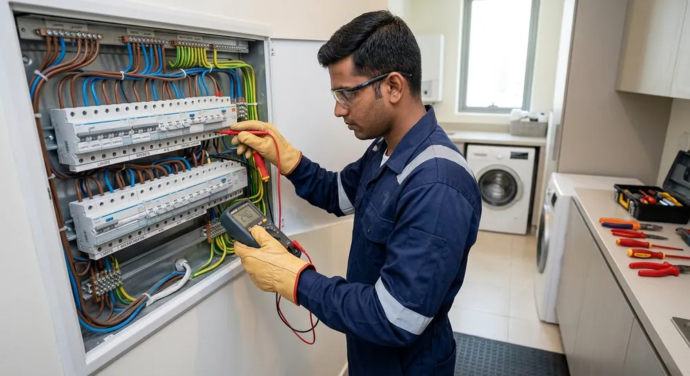 Electrician repairing a distribution board and fuse box in Dubai