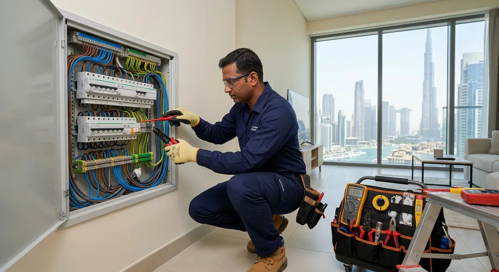 Electrician installing new electrical wiring in a Dubai villa