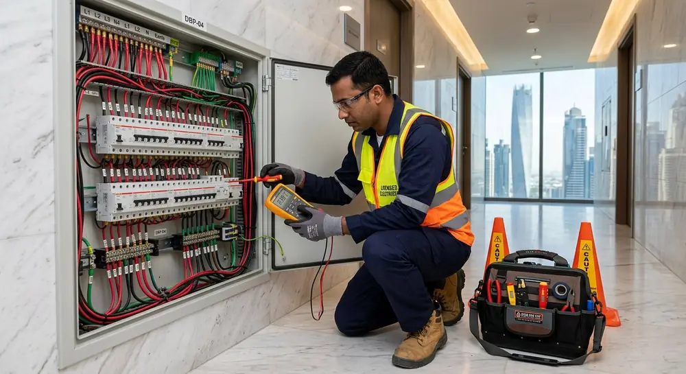 Emergency electrician in Dubai responding to a power failure at night