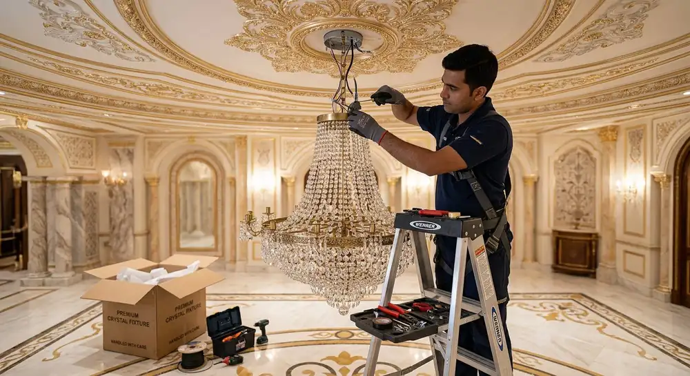 Electrician installing a chandelier in a Dubai villa