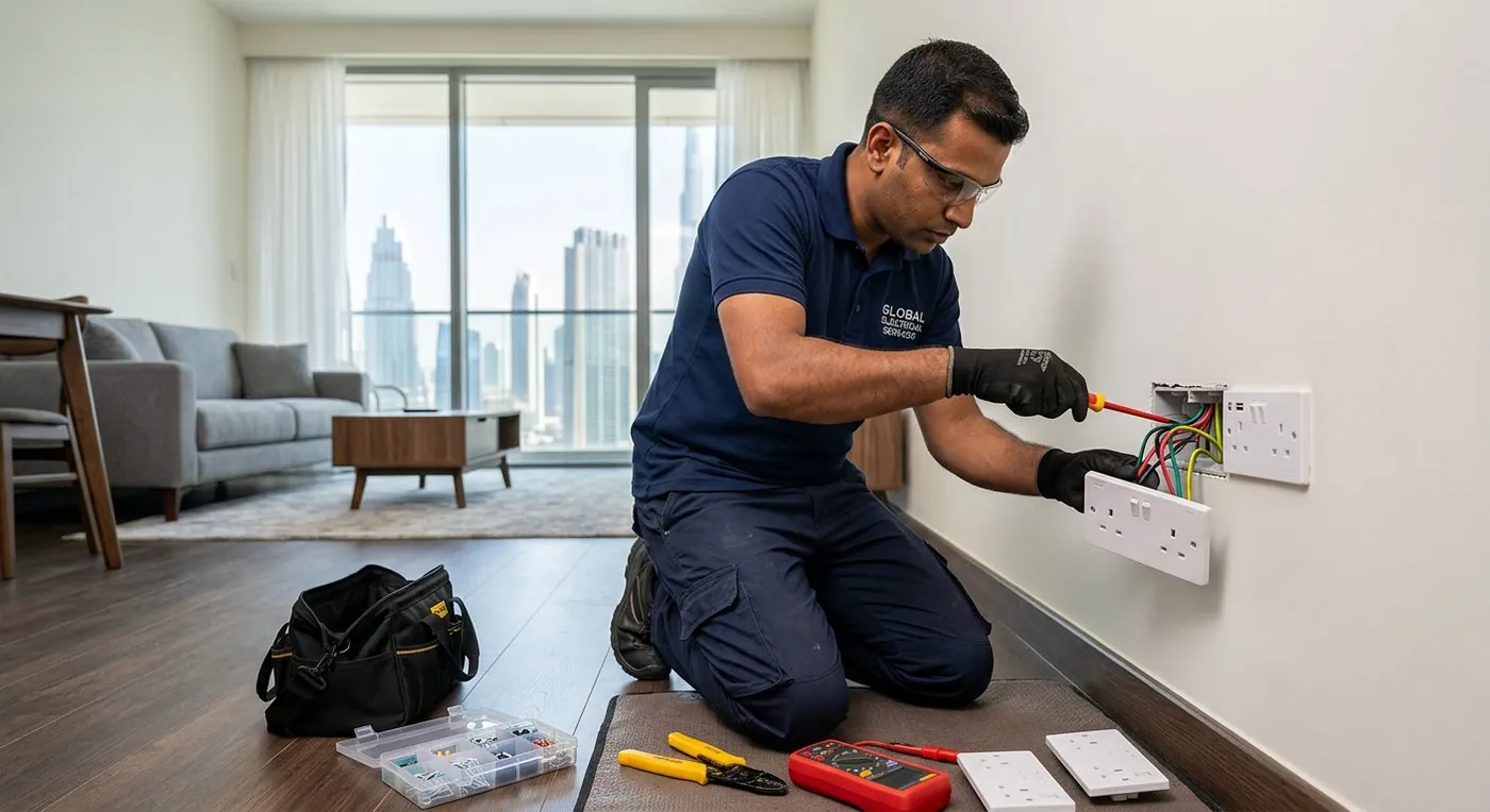 Electrician installing new power sockets and switches in a Dubai apartment