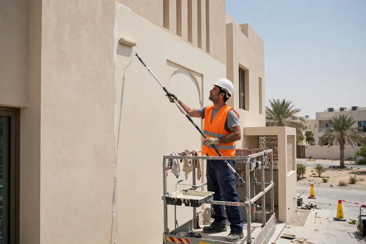 Exterior building painting in Dubai, high-rise facade with rope access painters