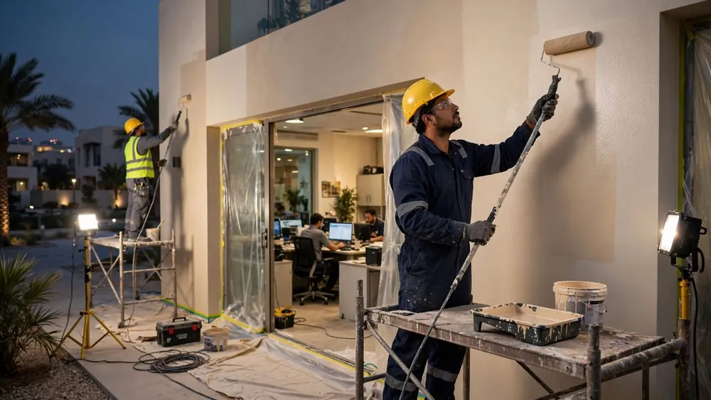 After-hours office painting crew at work on a commercial building in Dubai