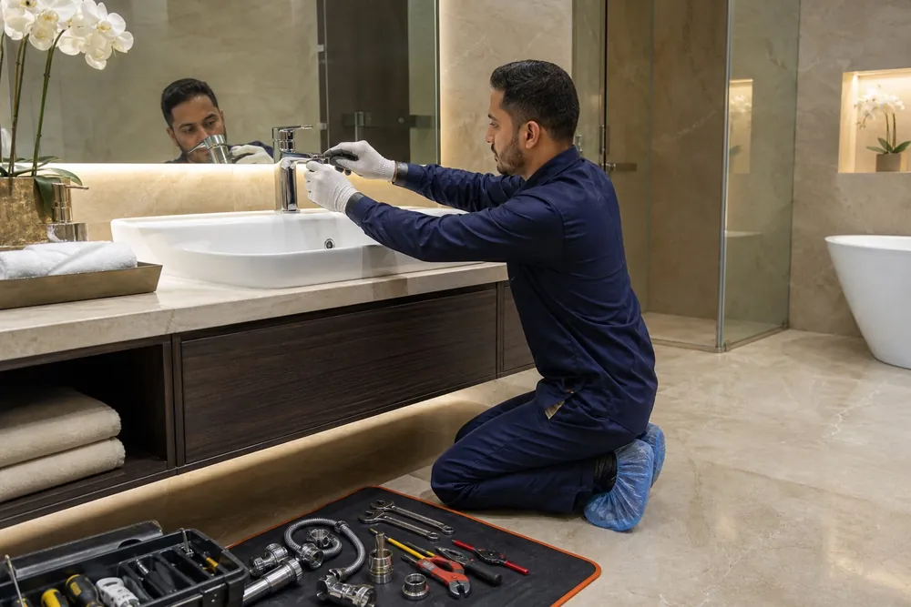 Sama Alras plumber fitting a chrome mixer tap to a white basin in a marble Dubai bathroom