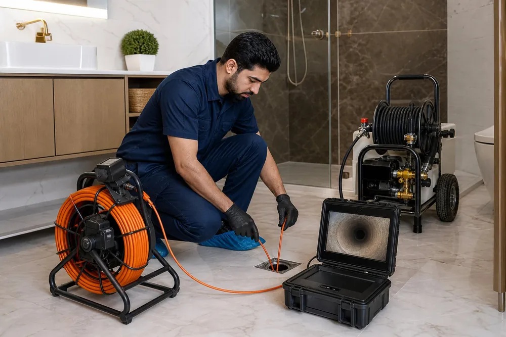 Plumber feeding a CCTV drain camera into a bathroom floor drain in Dubai, pipe interior shown on the monitor with a jetting machine behind