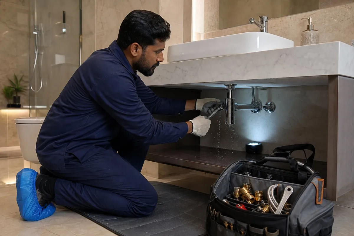 Emergency plumber in Dubai tightening a dripping chrome basin trap by work light, tool bag of brass fittings and flexible hoses beside him
