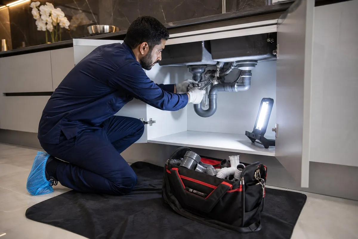 Plumber replacing the waste trap under a double kitchen sink in a modern Dubai kitchen, spare traps and pipes in the open tool bag