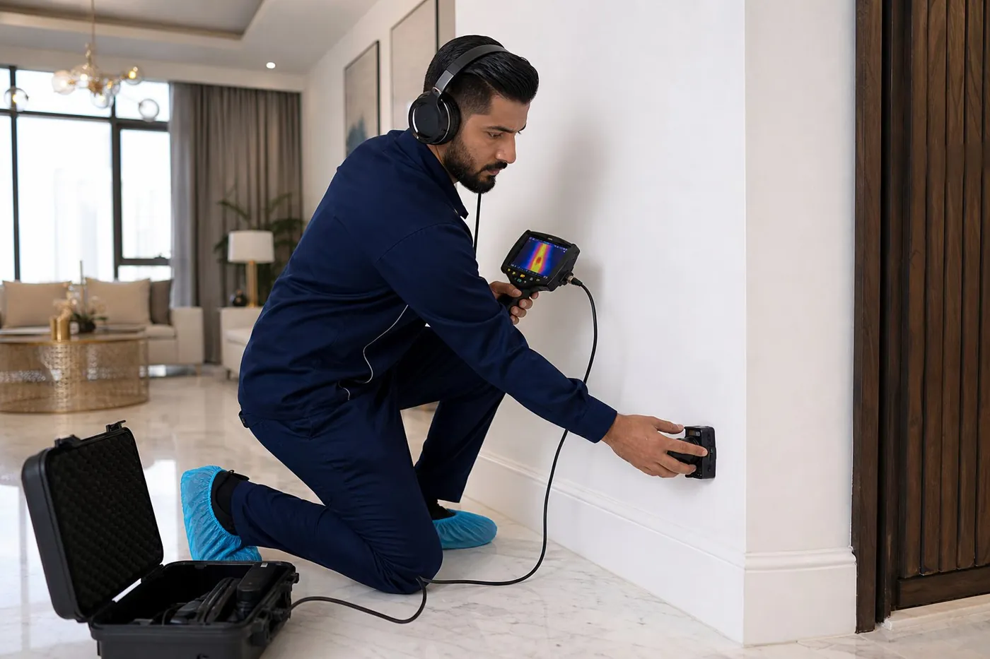 Plumber using acoustic headphones and a thermal imaging camera to trace a concealed water leak inside a wall of a Dubai villa