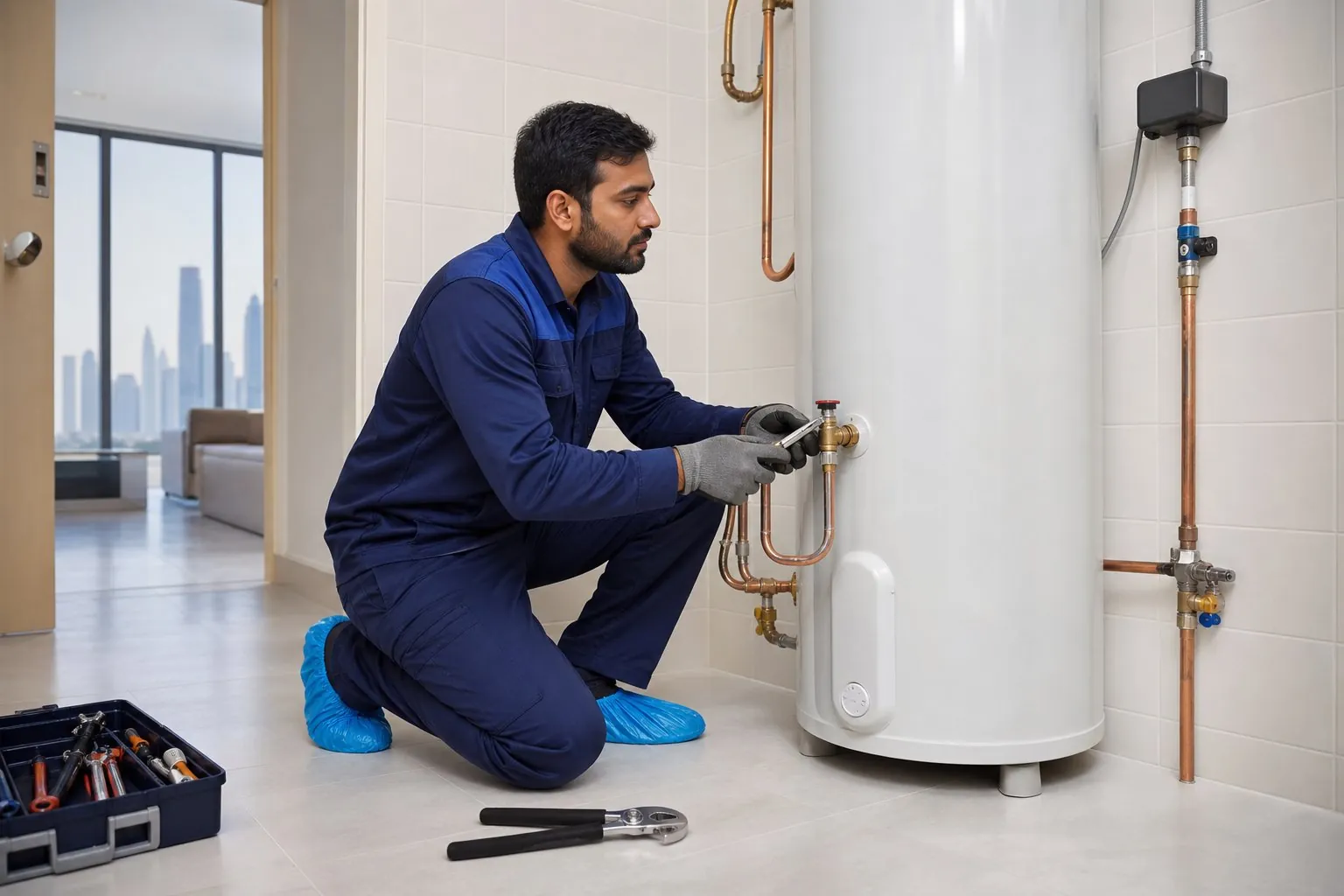 Plumber servicing the valve and copper pipework on a white water heater cylinder in a Dubai apartment
