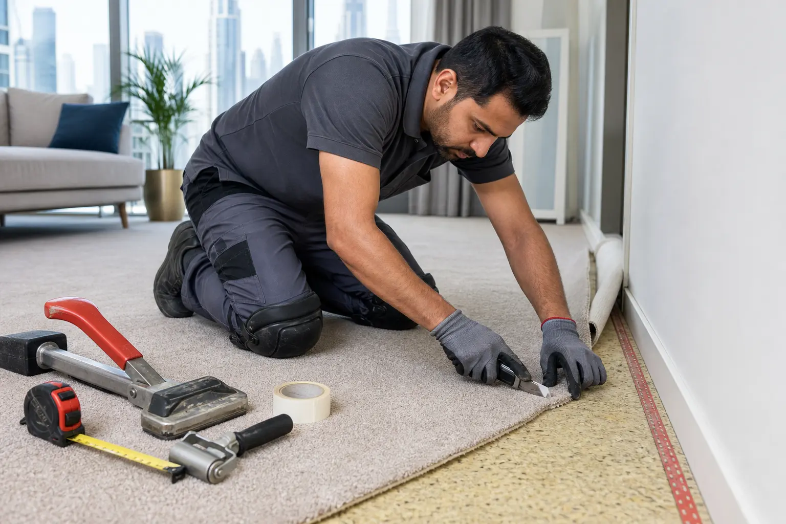 Carpet tiles being laid in a Dubai office fit-out