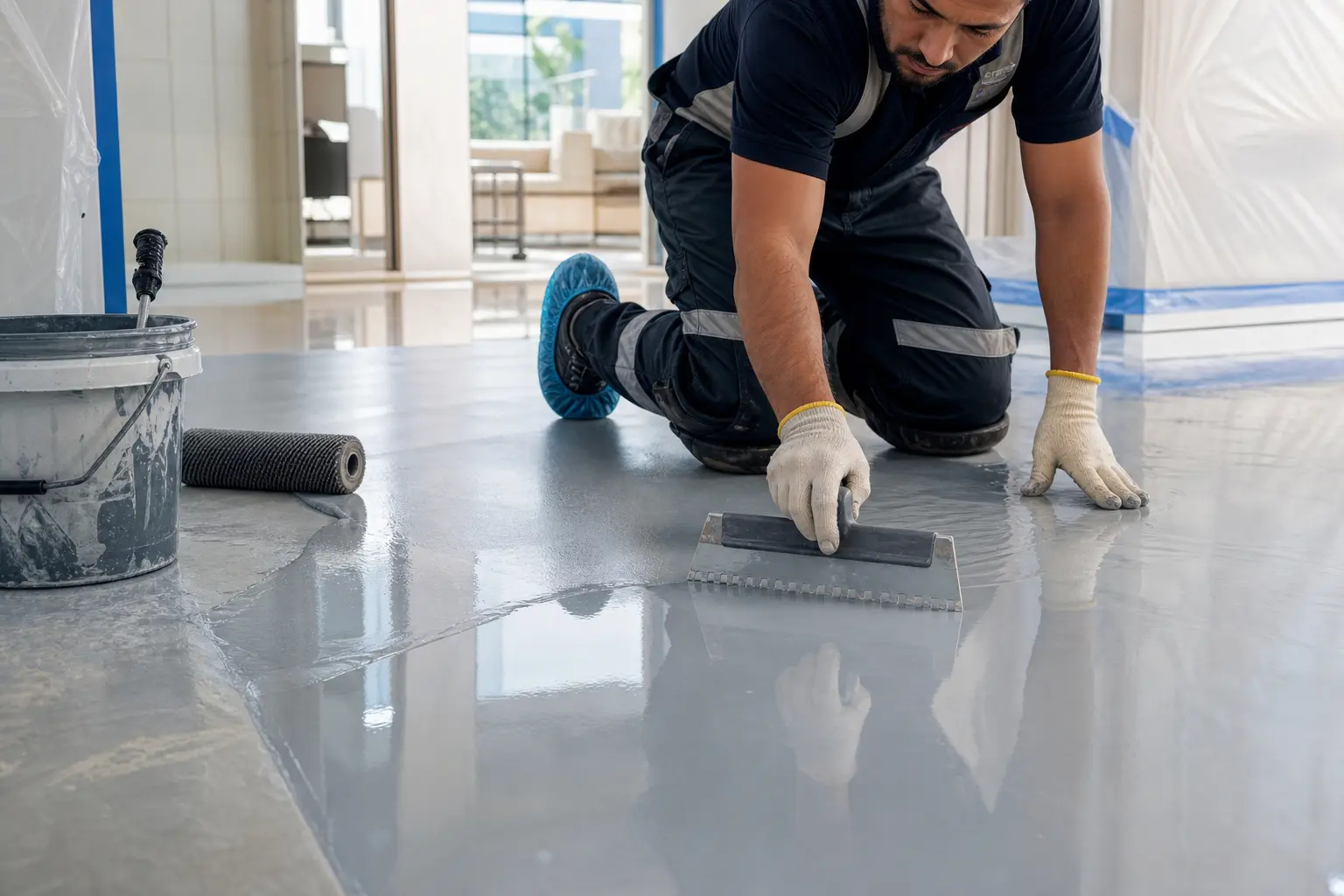 Seamless grey epoxy resin flooring in a Dubai garage and warehouse