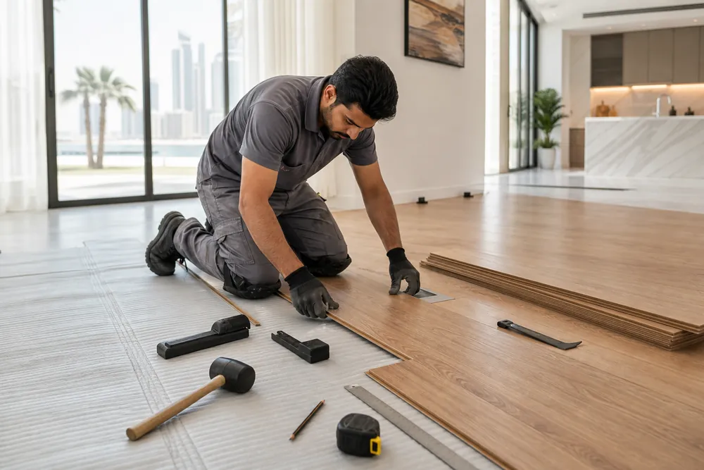 Laminate wood-effect flooring being installed in a Dubai bedroom