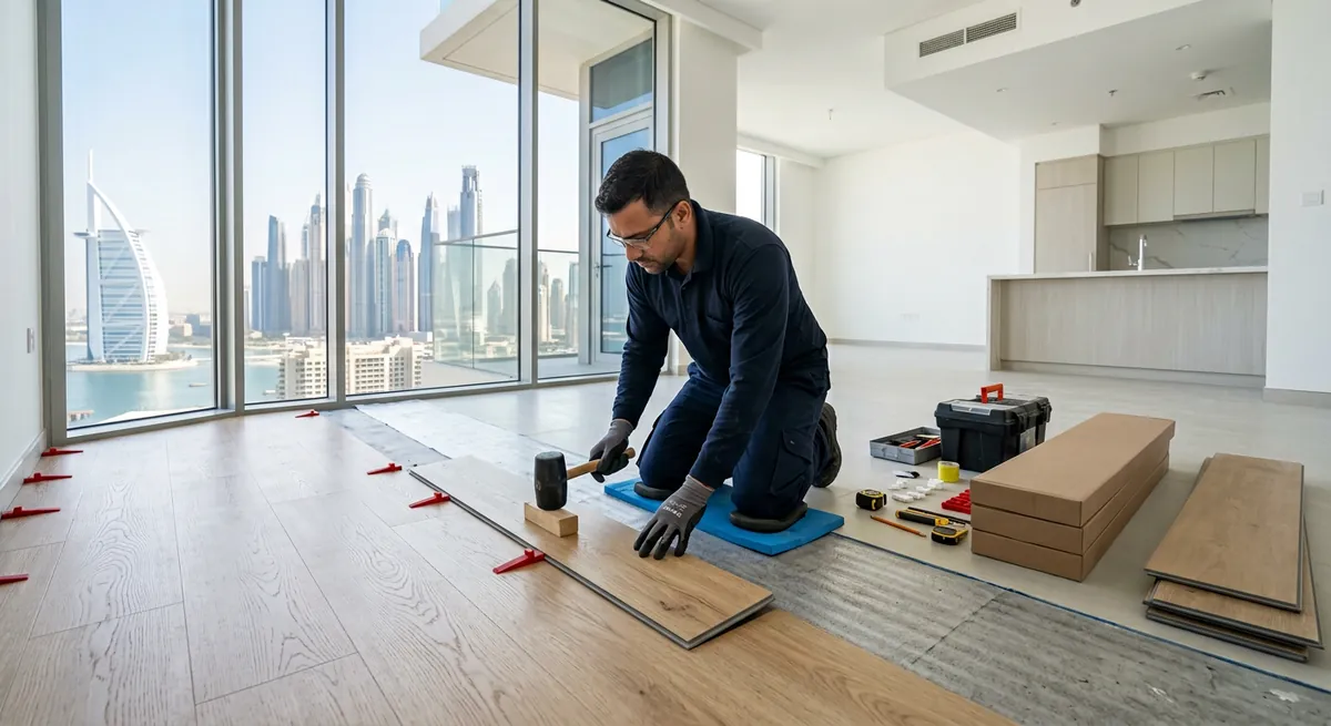 Rigid-core SPC flooring planks installed in a bright Dubai living room