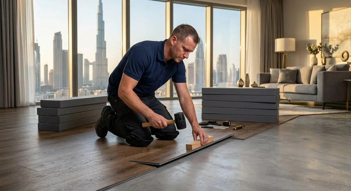 Wide plank SPC flooring being click-locked into place in a Dubai apartment
