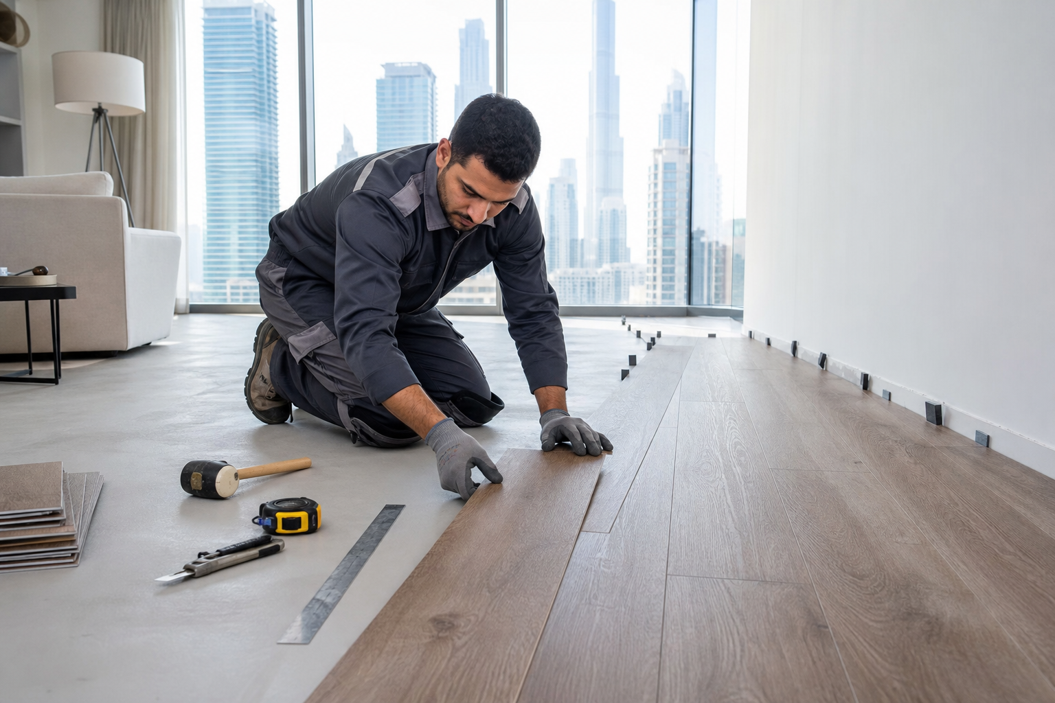 Luxury vinyl LVT flooring rolled out in a modern Dubai apartment