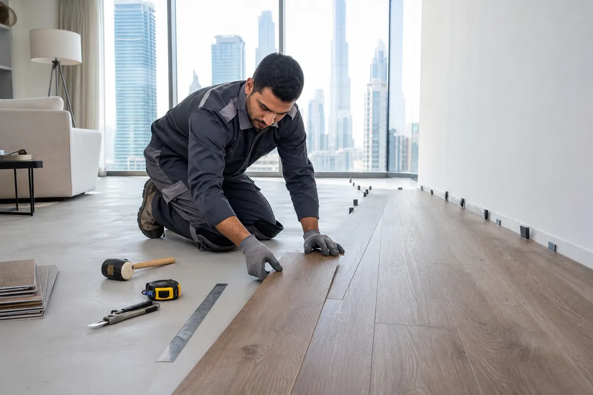Luxury vinyl LVT flooring rolled out in a modern Dubai apartment