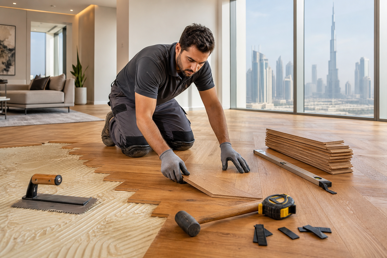 Engineered wooden parquet flooring laid in a Dubai villa
