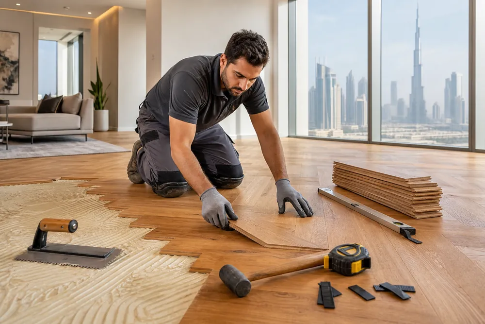 Engineered wooden parquet flooring laid in a Dubai villa