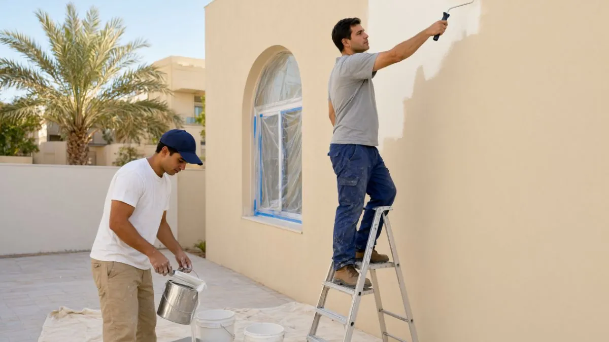 Sama Alras painters rolling fresh paint on a villa wall in Dubai